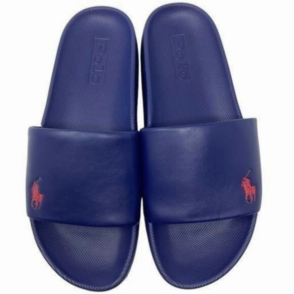 Polk Ralph Lauren Mens Cayson Pool Slides Navy Blue, Red Size 10 main image 5